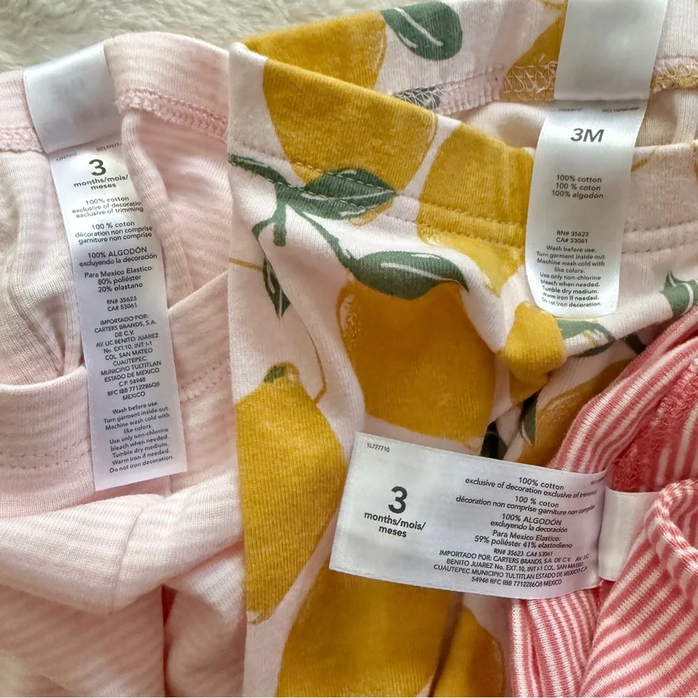 Carter’s Baby Pants Set of 7 Size 3 Months Jeggings Stripes Lemons Solid Colors
